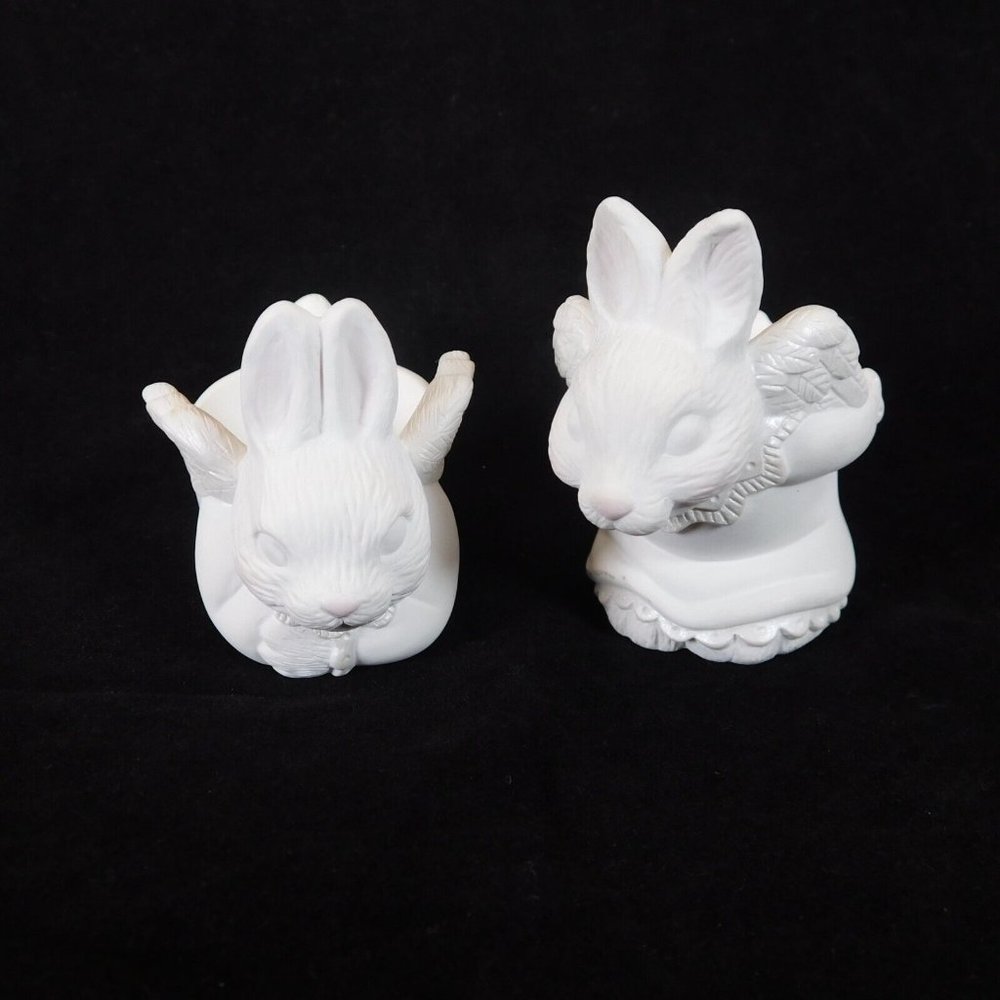 2 Hallmark White Easter Egg Cup Holders Bunny Rabbit Angel Wings Plastic Spring
